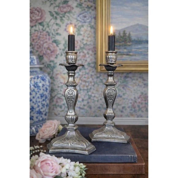 Other - Vintage Ornate Metal Candlestick Holders Pair 9.5" Victorian Style Pewter Finish